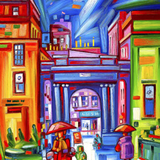 A vibrant, colorful painting of an urban street scene with people holding umbrellas, reflecting a distinctive, expressionist style. By Raymond Murray
